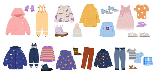 Colorful set of seasonal children clothing. Stickers with jackets and dress, hat, pants and shoes, sweater and shorts. For boys and girls. Cartoon flat vector collection isolated on white background