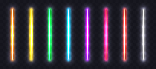 Leinwandbilder - Neon light tubes set. Colorful glowing halogen or led light lamps. Realistic neon illuminated lines, borders and frame elements on transparent background. Vector.