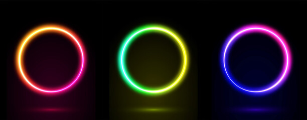 Aufkleber - Set of 3d neon circle frame in vibrant color. Glowing borders neon light. Illuminated colorful frames collections on dark background with copy space. Vector illustration.