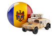 Military truck with Moldovan flag. Combat defense of Moldova, concept. 3D rendering