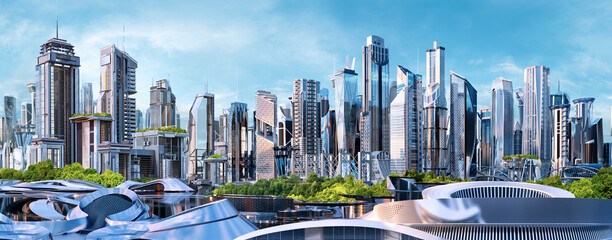 future smart city skyline panorama 3d scene. futuristic eco cityscape creative concept illustration: