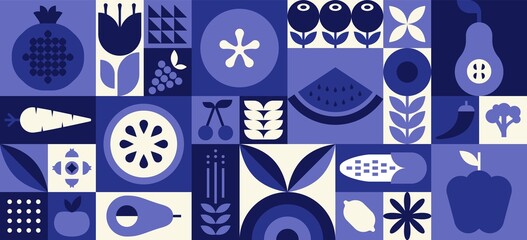 Wall Mural - Fruit vegetable geometric pattern. Organic natural food background creative simple bauhaus style, agriculture vector design