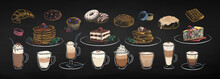 Chalk Drawn Illustration Set Of Coffee Cups And Desserts