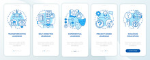 Adult Education Theories And Forms Blue Onboarding Mobile App Screen. Walkthrough 5 Steps Graphic Instructions Pages With Linear Concepts. UI, UX, GUI Template. Myriad Pro-Bold, Regular Fonts Used