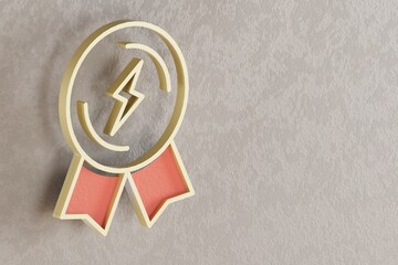 Poster -  Beautiful golden lightning Badge symbol on wall bright background. 3d rendering illustration. Background pattern for design.