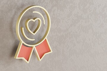 Poster - Beautiful golden heart Badge symbol on wall bright background. 3d rendering illustration. Background pattern for design.
