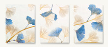 Luxury Abstract Background With Golden And Blue Ginkgo Leaves. Stylish Botanical Design With Lines For The Interior..