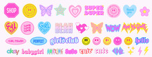 Collection Of Cool Cute Stickers Vector Design. Trendy Girly Patches Collection. Smile Emotions.