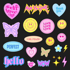 Poster - Set of Cool Groovy Stickers Vector Design. Collection of Cute Smile Patches.