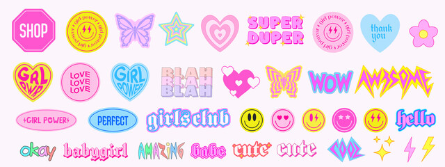 Poster - Collection of Cool Cute Stickers Vector Design. Trendy Girly Patches Collection. Smile Emotions.