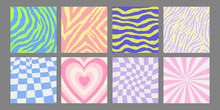 Set Of Cool Groovy Abstract Backgrounds. Trendy Y2k Backdrops. Vector Geometric Funky Pattern.