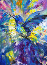Pasty Painting. Original Oil Painting. Texture Strokes. Drawn Bird, Hummingbird.