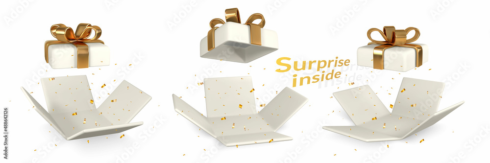 3D render and draw by mesh realistic white Gift Box with golden bow on ...
