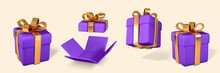 3D Realistic Purple Gift Boxes With Golden Bow. Paper Boxes With Ribbon And Shadow Isolated On Light Background. Vector Illustration
