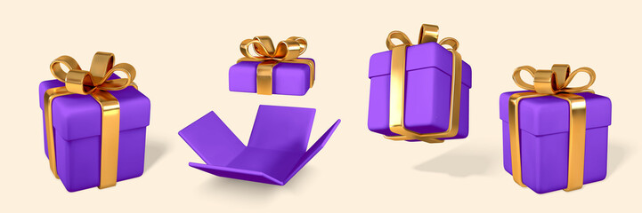 Wall Mural - 3d realistic purple gift boxes with golden bow. paper boxes with ribbon and shadow isolated on light