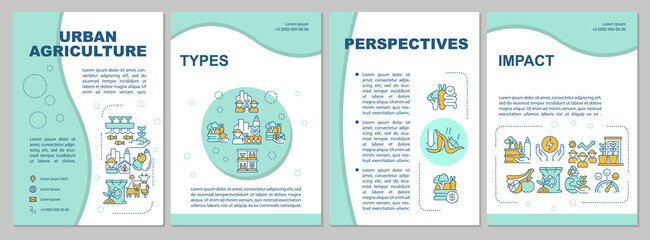 Urban agriculture mint brochure template. Cultivating food. Leaflet design with linear icons. 4 vector layouts for presentation, annual reports. Arial, Myriad Pro-Regular fonts used