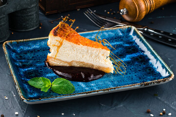 Sticker - Slice of new york cheesecake topped with caramel sauce on plate close up