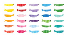 Big Set, Collection Of Cute And Colorful Cartoon Style Fishes For Sea Life, Underwater Design.