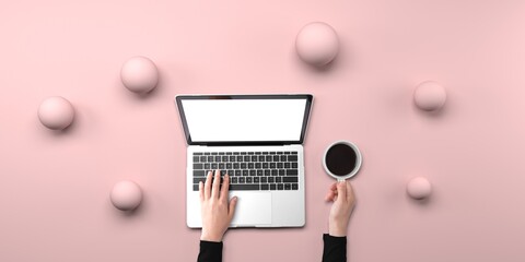 Poster - Person using a laptop computer with abstract spheres from above