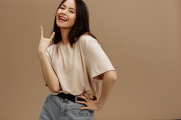 beautiful woman attractive look charmin in a t-shirt isolated background