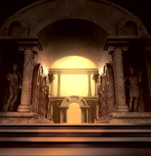 Pixel 3d Render Illustration Of Fantasy Ancient Greek Temple With Stone Statues And Columns And Arches.