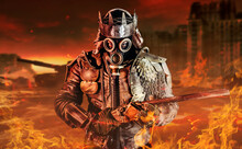 Photo Of Post Apocalyptic Warrior With Armored Outfit Jacket And Scrap Crown Standing With Rifle On Destroyed Burning City Background.