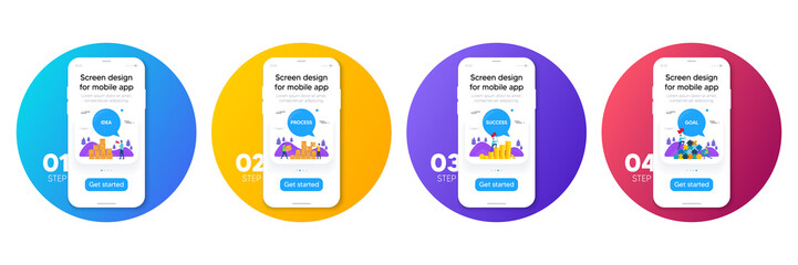 Phone mockup timeline banner. Smartphone device ui template for presentation. Cellphone frame brochure. Phone interface display with people. Circle step buttons. Cellphone promotion offer. Vector