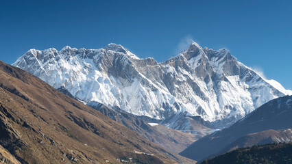 Wall Mural - view to walls of mounts lhotse and everest in sun shining day
