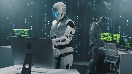 AI concept. Data center. Couple of robots programming code hacking computers checking server data. Telecommunications. Future technology.