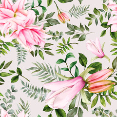 Wall Mural - Beautiful watercolor floral seamless pattern