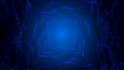 Poster - Neon background frame. Mosaic tunnel design, path grid. Digital network pattern, luminous particles, lines. Plex of triangles. Outer space. The Milky Way. Banner technology, medicine, business.