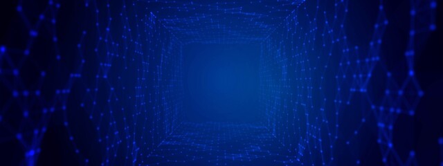 Poster - Neon background frame. Mosaic tunnel design, path grid. Digital network pattern, luminous particles, lines. Plex of triangles. Outer space. The Milky Way. Banner technology, medicine, business.