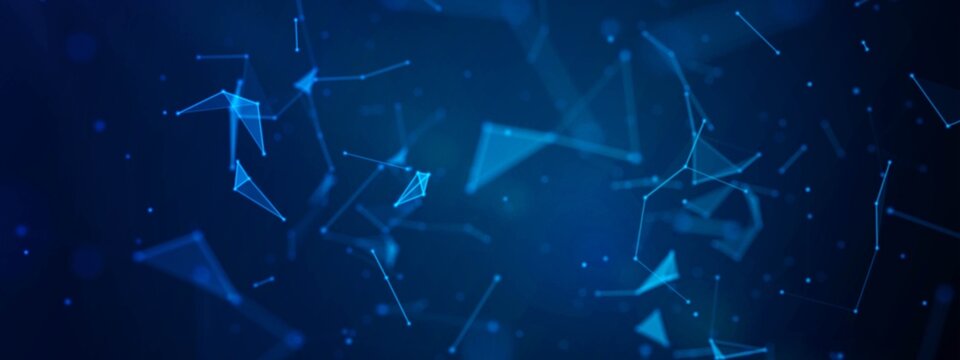 Abstract neon background. Design of glass fragments. Texture of geometric shapes, triangles, lines, points. Chaotic particles. Explosion of the universe. Outer space. Poster for technology, business.