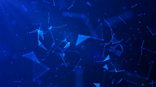 Abstract neon background. Design of glass fragments. Texture of geometric shapes, triangles, lines, points. Chaotic particles. Explosion of the universe. Outer space. Poster for technology, business.