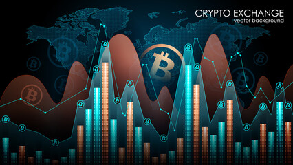 Poster - vector. bitcoin symbol on dark background. abstract image. exchange trading charts. digital electron