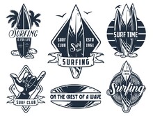 Surf Board For Summer Surfing On The Waves Collection. Shaka Hand And Surfboard Emblems.