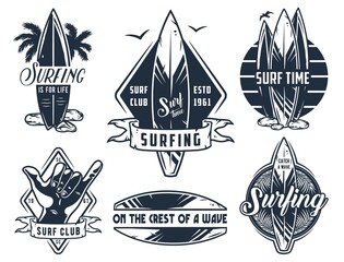 Poster - Surf board for summer surfing on the waves collection. Shaka hand and surfboard emblems.