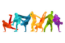 Detailed Vector Illustration Silhouettes Of Expressive Dance Colorful Group Of People Dancing. Jazz Funk, Hip-hop, House. Dancer Man Jumping On White Background. Happy Celebration Brakedance B Boy