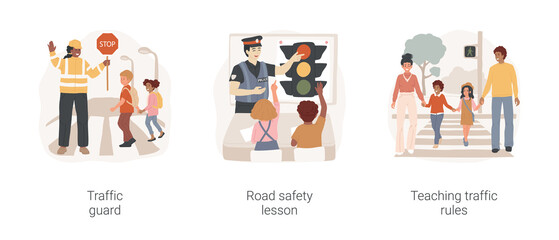 Poster - Students road safety isolated cartoon vector illustration set. Traffic guard, road safety lesson, teaching traffic rules, school children crossing the street, traffic light and sign vector cartoon.