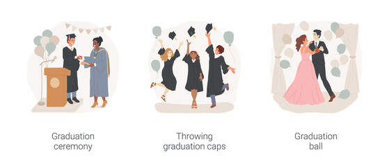 Wall Mural - School celebration isolated cartoon vector illustration set. Graduation ceremony, throwing caps, graduation ball, prom party, school certificate, student on stage, tradition vector cartoon.