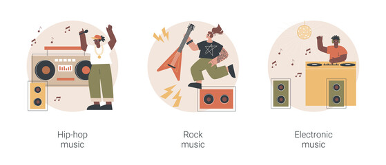 Poster - Music preference abstract concept vector illustration set. Hip-hop music, rock and electronic, night club party, outdoor festival, rave culture, DJ set, performance online abstract metaphor.