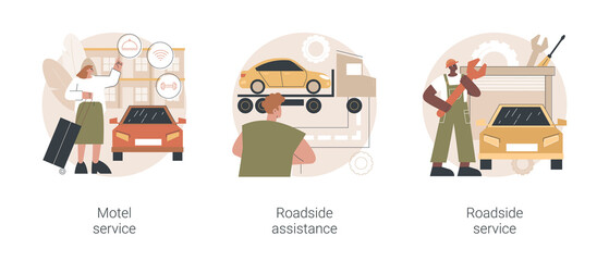 Poster - Roadside business abstract concept vector illustration set. Motel service, roadside service and assistance, drive inn, car repair, 24 hour help, truck breakdown, flat tire abstract metaphor.