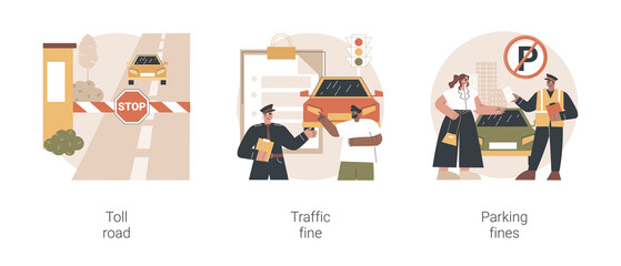 Poster - Driving rules violation abstract concept vector illustration set. Toll road, traffic and parking fine, tollway fee, speeding ticket, no parking zone, penalty notice, pass card abstract metaphor.