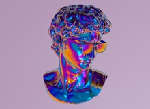3D Illustration Of A Holographic Sculpture Of A Bust In Glasses. Pop Art Vaporwave Style Image.
