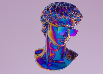 Poster - 3D illustration of a holographic sculpture of a bust in glasses. Pop art vaporwave style image.