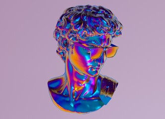 Wall Mural - 3D illustration of a holographic sculpture of a bust in glasses. Pop art vaporwave style image.