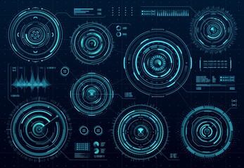 HUD futuristic circular panels. Sci Fi web interface, business infographics visual data, game user interface vector dashboard. Futuristic round display, virtual reality hologram or data diagram