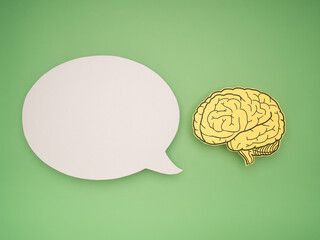 White speech bubble and a brain shape made from paper on a green background