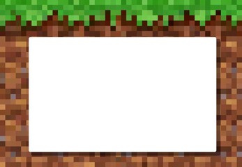 Poster - Pixel game background with blank copyspace, cubic pixel grass and ground blocks. Eight bit gaming interface 2d design, vintage technology template with soil layers and empty area for text or picture