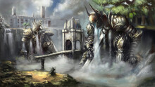 The Magician Is Standing In Front Of Two Armored Water Elementals, Water Is Flowing From Them, A Castle Wall Is Behind Them, Digital Painting Style, 2D Illustration